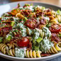 Creamy BLT pasta salad with avocado ranch, crispy bacon, and fresh lettuce in a vibrant summer bowl.  