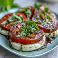 Fresh Caprese salad with ripe tomatoes, mozzarella, and fragrant basil oil drizzle on a white plate.