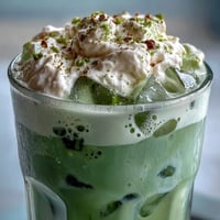 Mother's Day Iced Matcha Latte with Vanilla Cold Foam, creamy and green, layered beautifully in a glass.