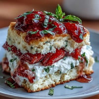 Close-up of Strawberry Basil Shortcake Biscuits with fluffy cream, perfect summer dessert.
