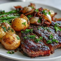 Juicy Father's Day Steak and Potato Sheet Pan Dinner, golden potatoes roasted alongside seasoned steak.